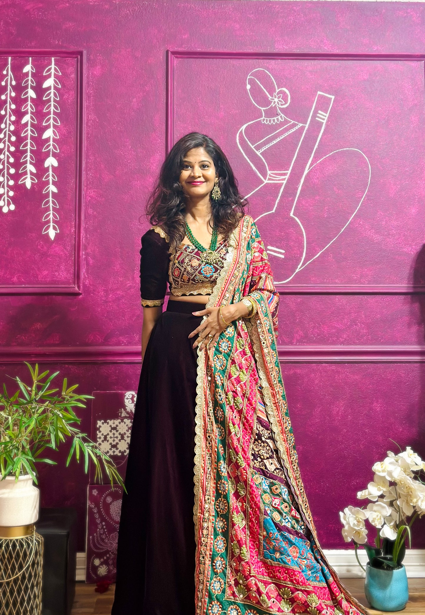 Burgundy Velvet Lehenga with Mulberry dupatta