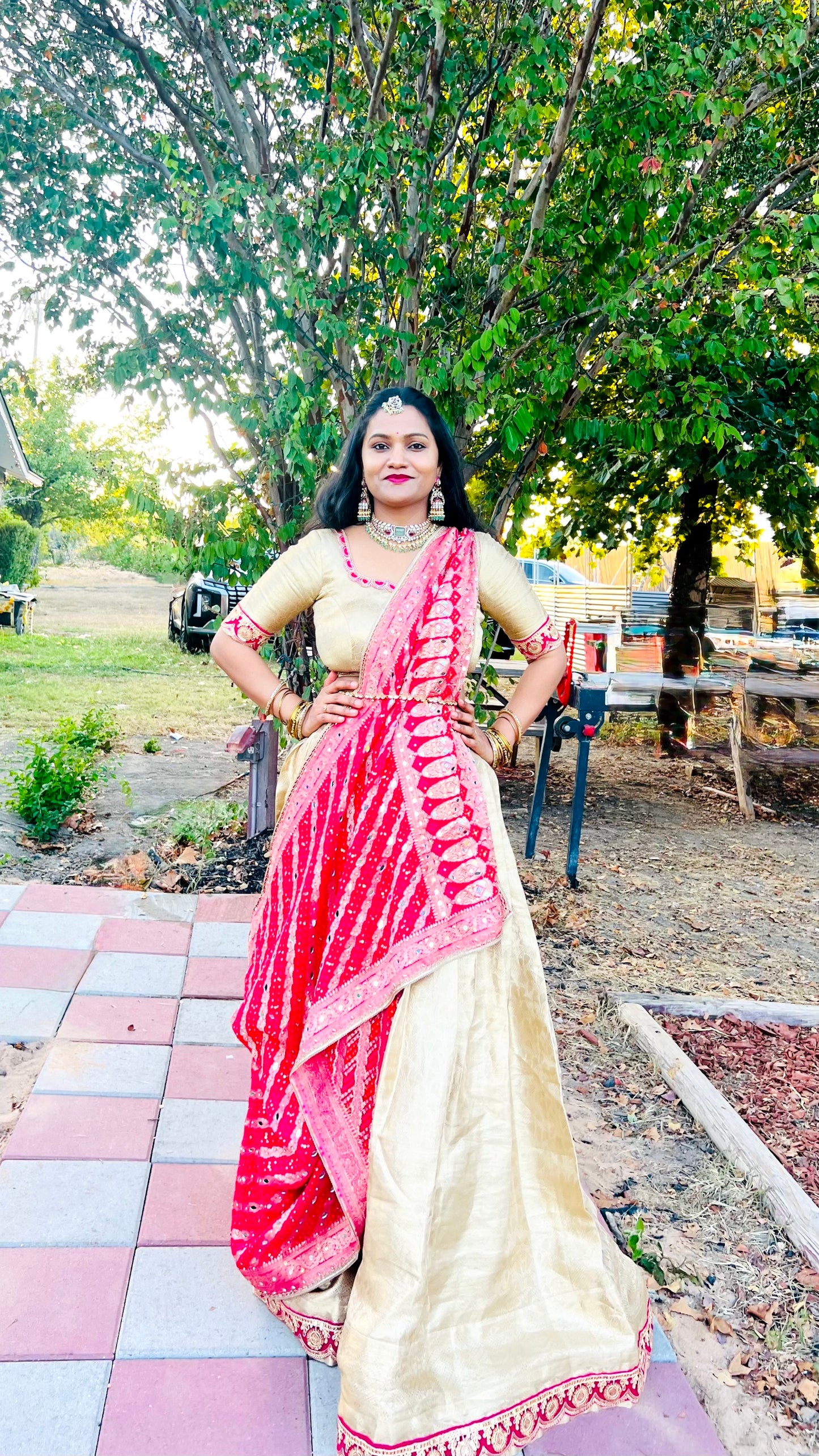 Pink Bhandej Dupatta with Hand Mirror Work Detailing