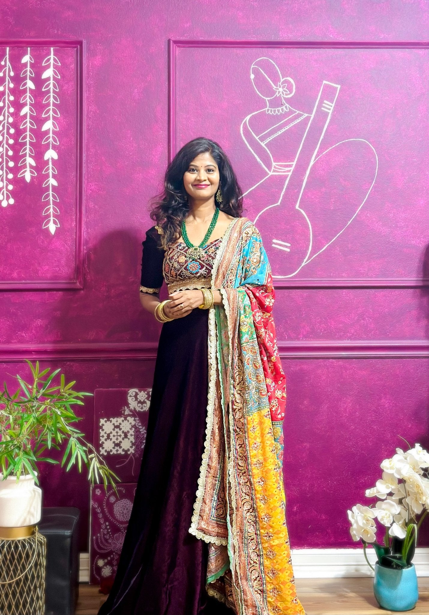 Burgundy Velvet Lehenga with Rhapsody dupatta - Million Raagas