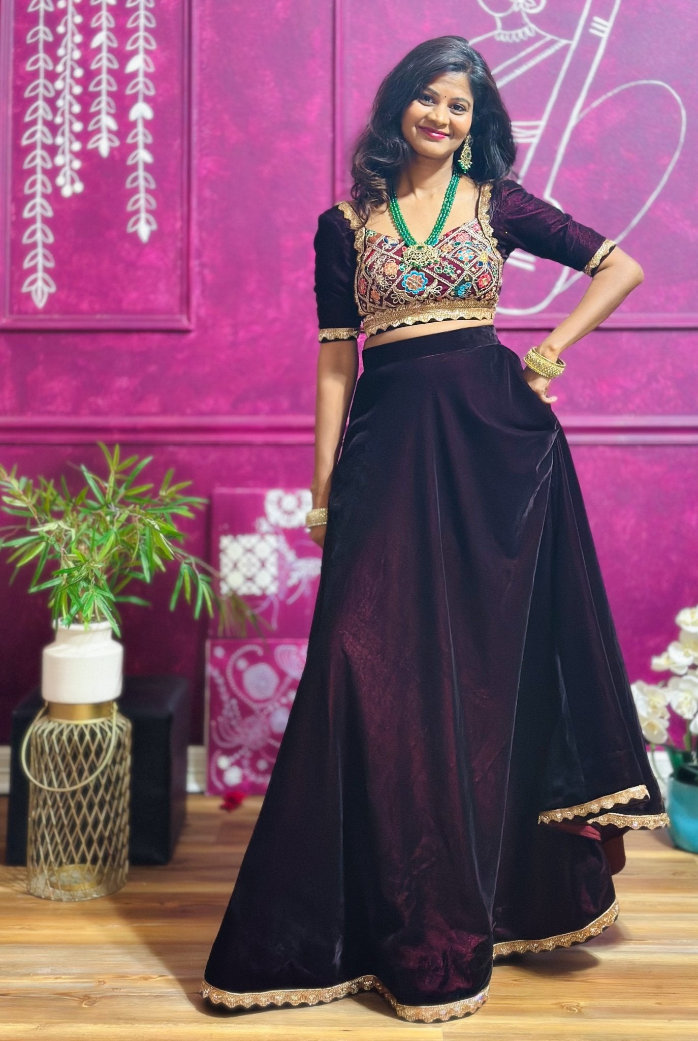 Burgundy Velvet Lehenga with Rhapsody dupatta - Million Raagas