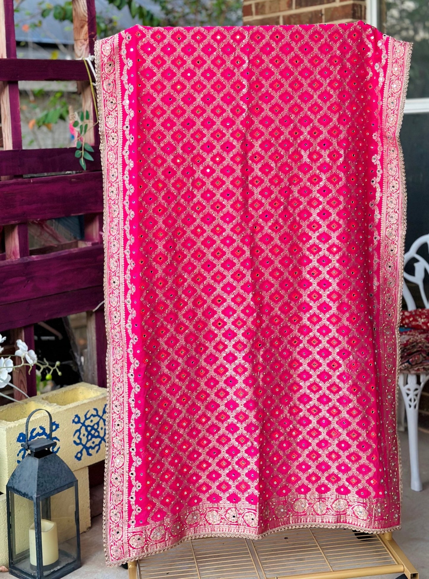 Festive Fuchsia Bhandej Dupatta with Hand Mirror Detailing - Million Raagas
