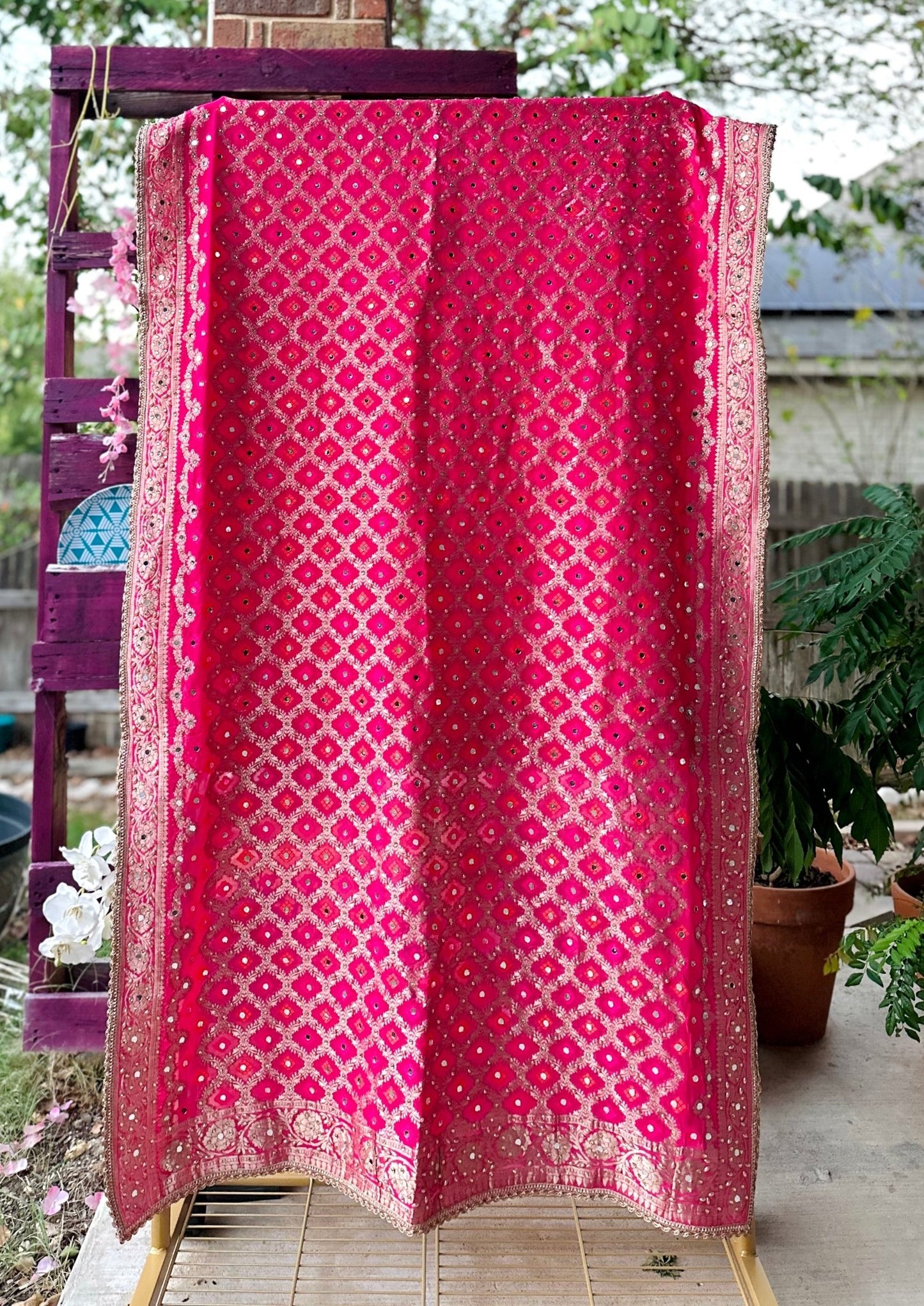 Festive Fuchsia Bhandej Dupatta with Hand Mirror Detailing - Million Raagas