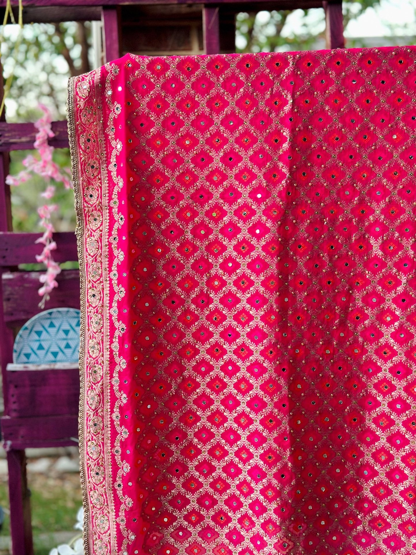 Festive Fuchsia Bhandej Dupatta with Hand Mirror Detailing - Million Raagas