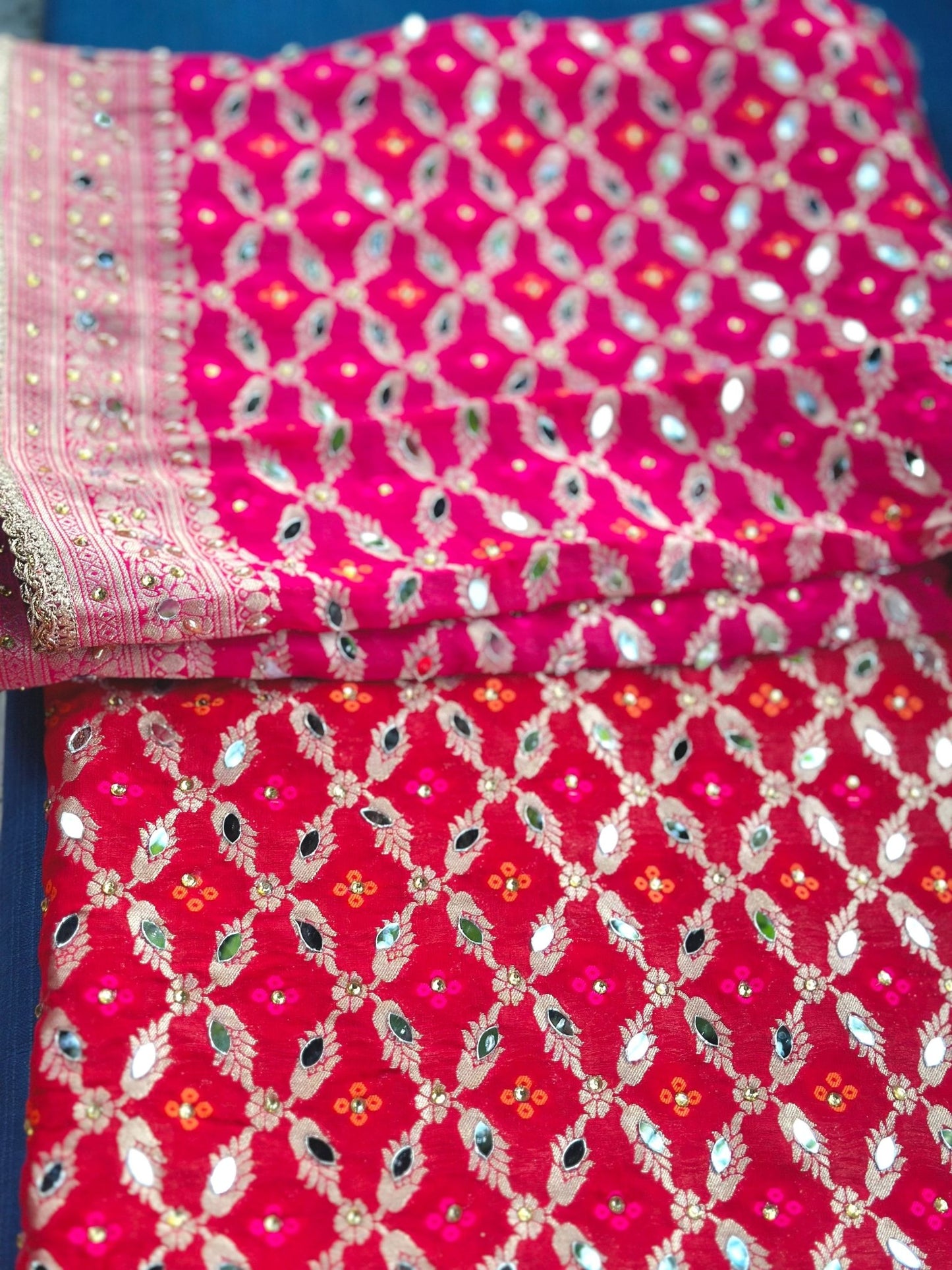 Festive Pink Bhandej Dupatta with Hand Mirror Work Detailing - Million Raagas