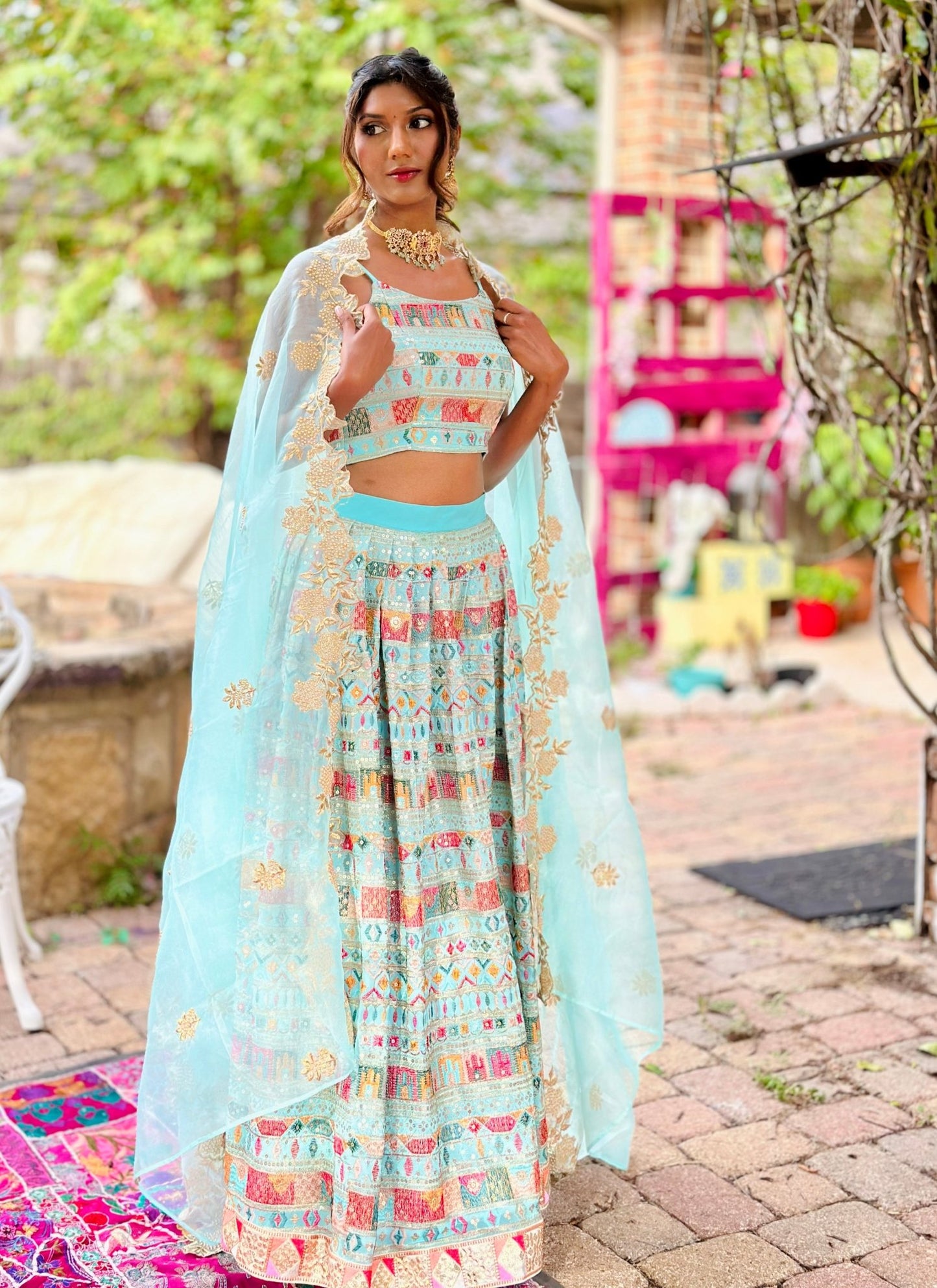 Megha - Pastel blue embroidered lehenga set - Million Raagas