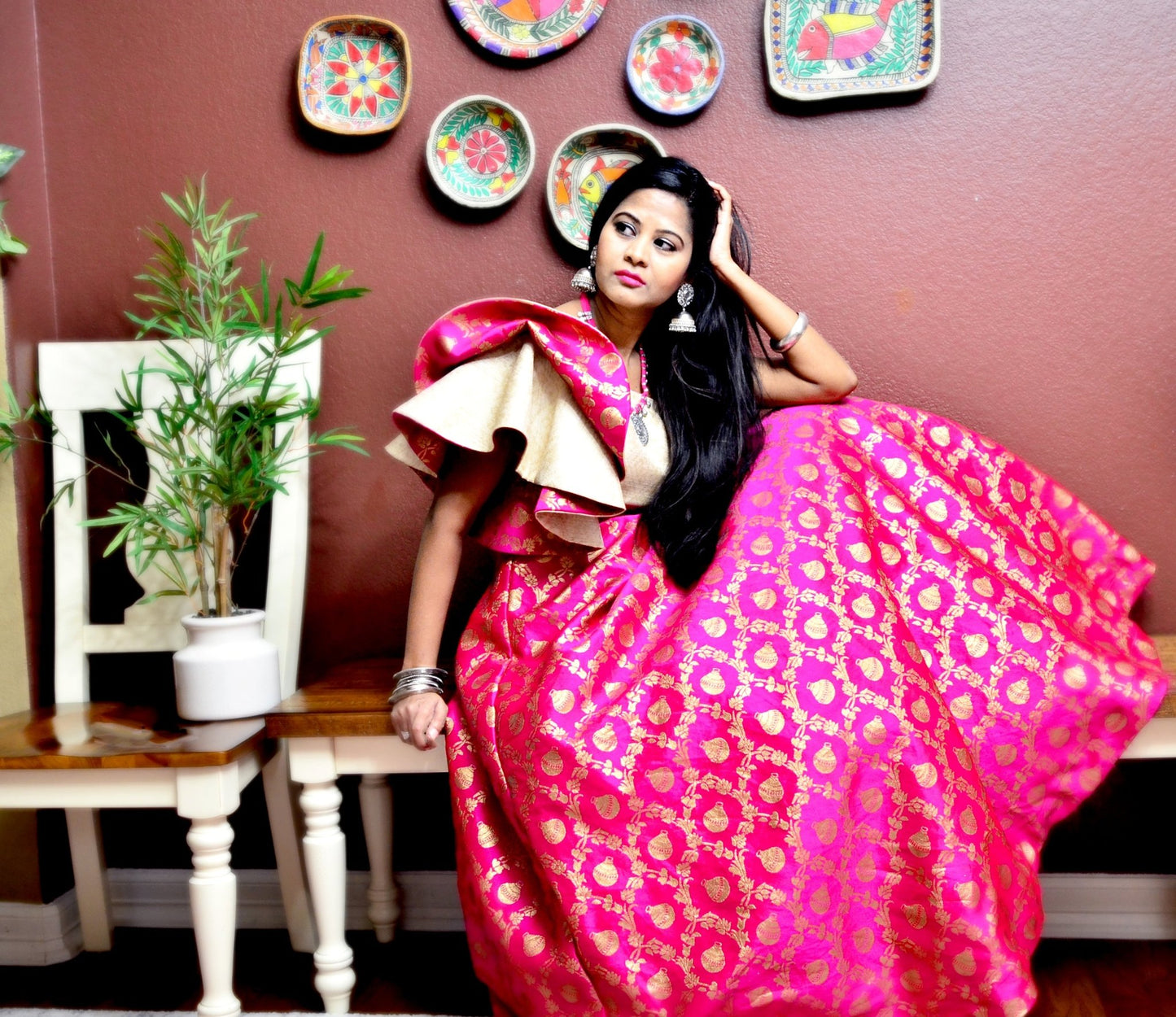 Moh - Hot pink banaras lehenga set - Million Raagas