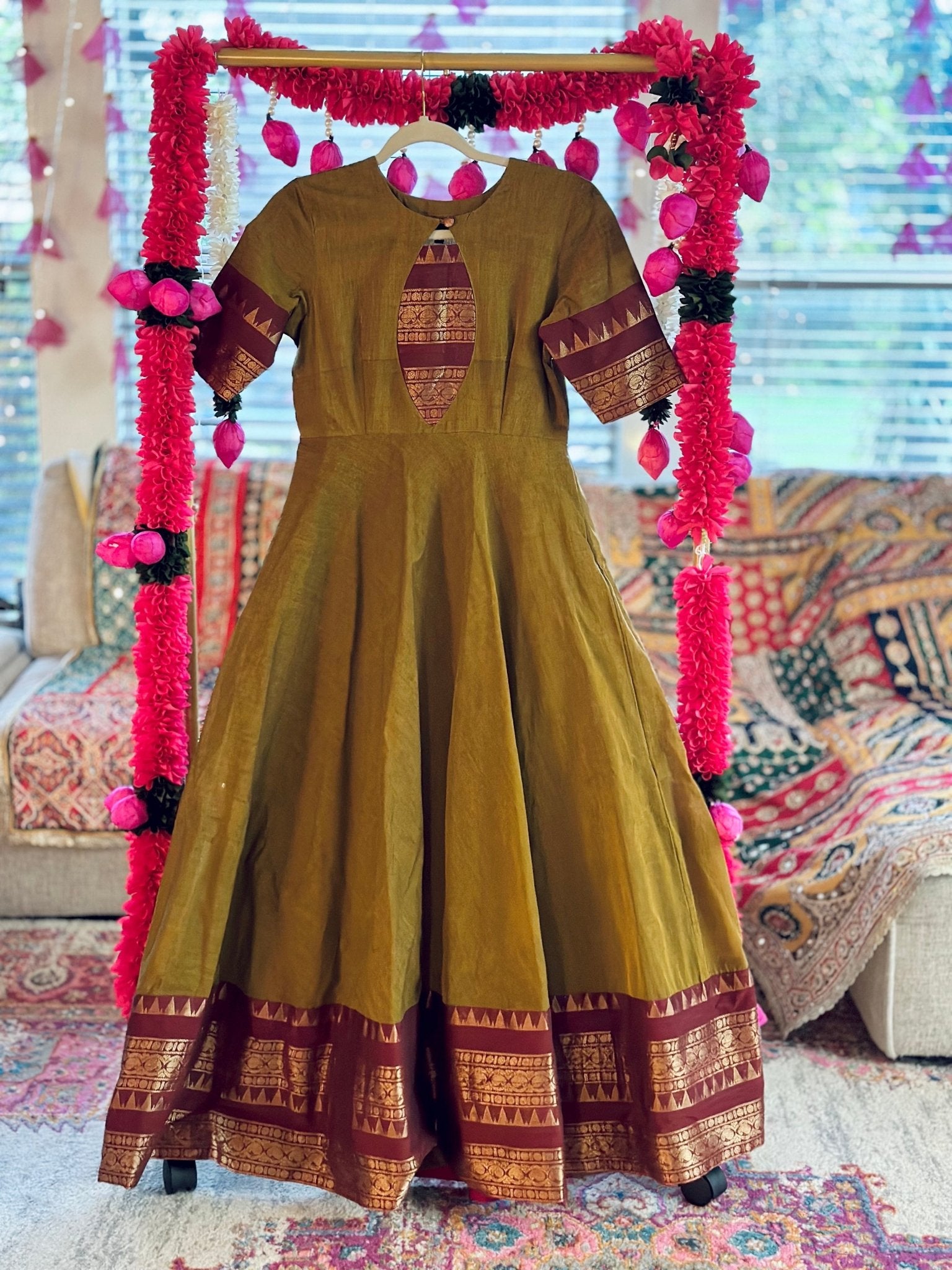 Saveri - Olive green dress with Maroon border Saveri - Olive green dress with Maroon border
