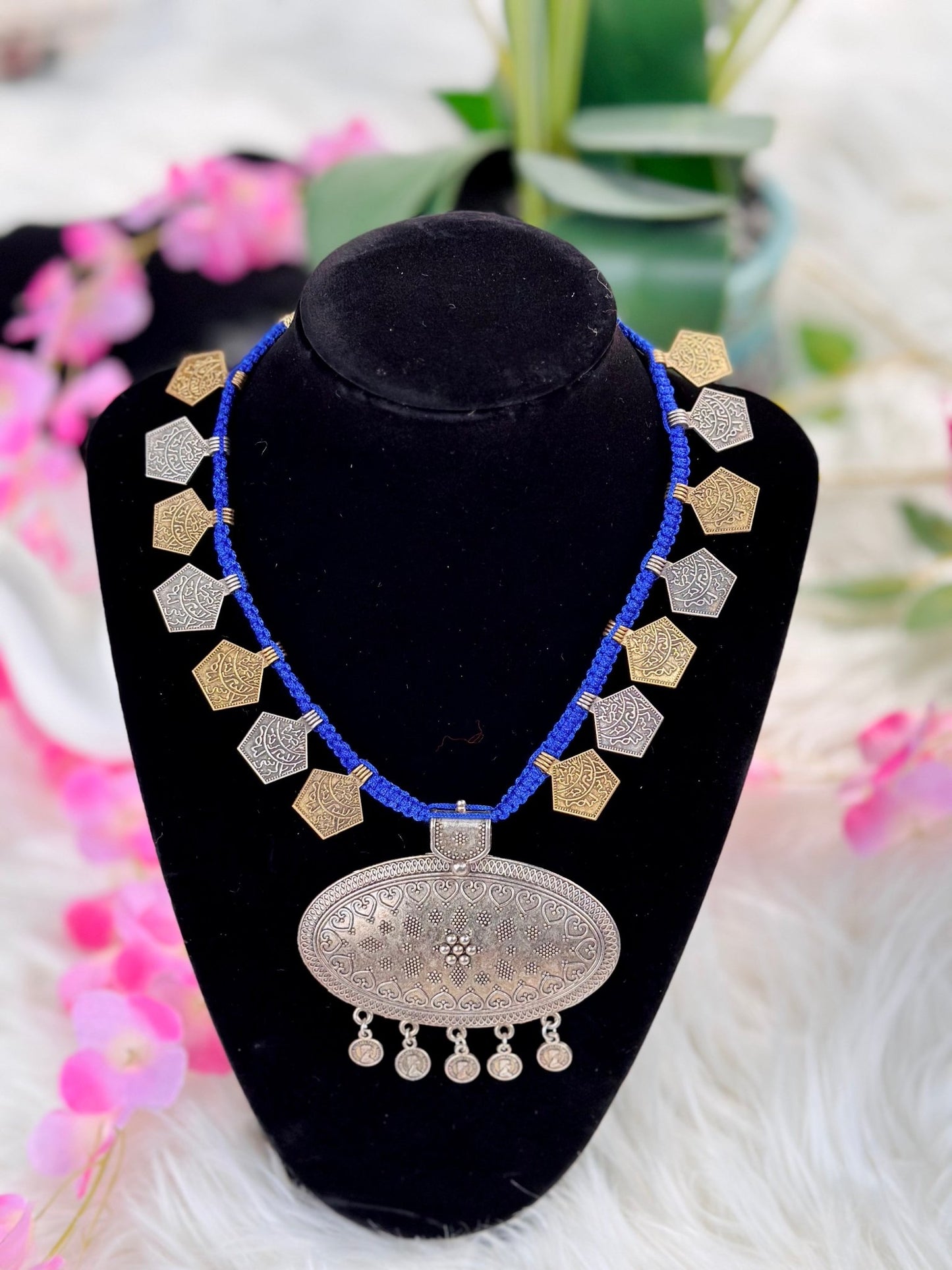 Vintage inspired statement Blue antique necklace - Million Raagas