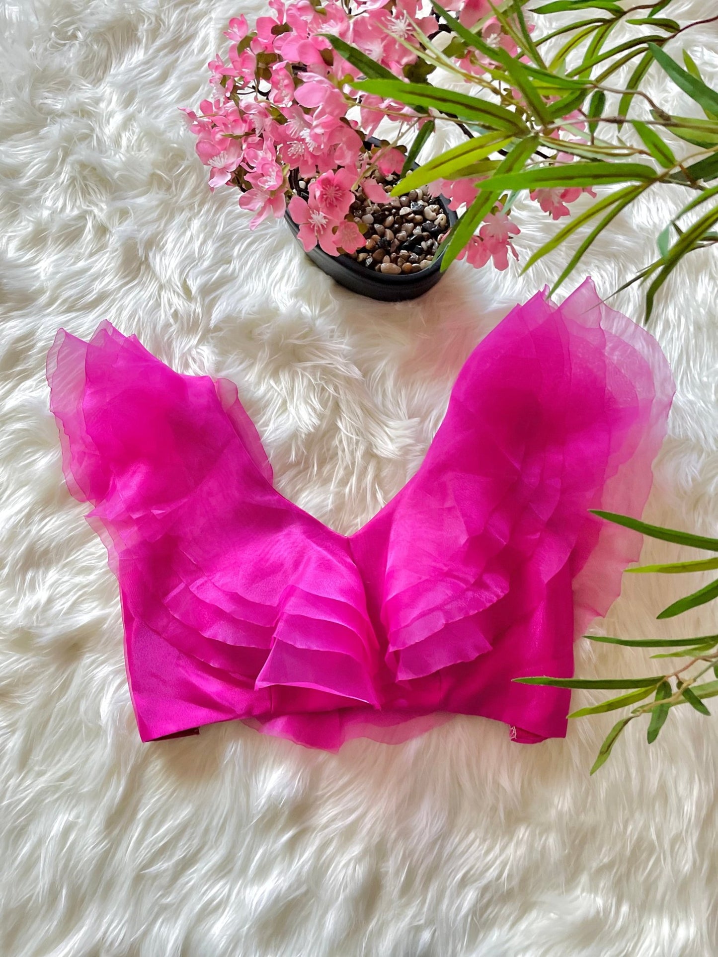 Fuchsia pink organza ruffles top - Million Raagas