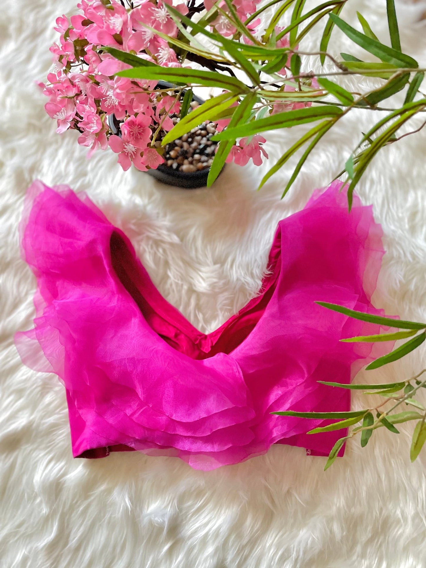 Fuchsia pink organza ruffles top - Million Raagas