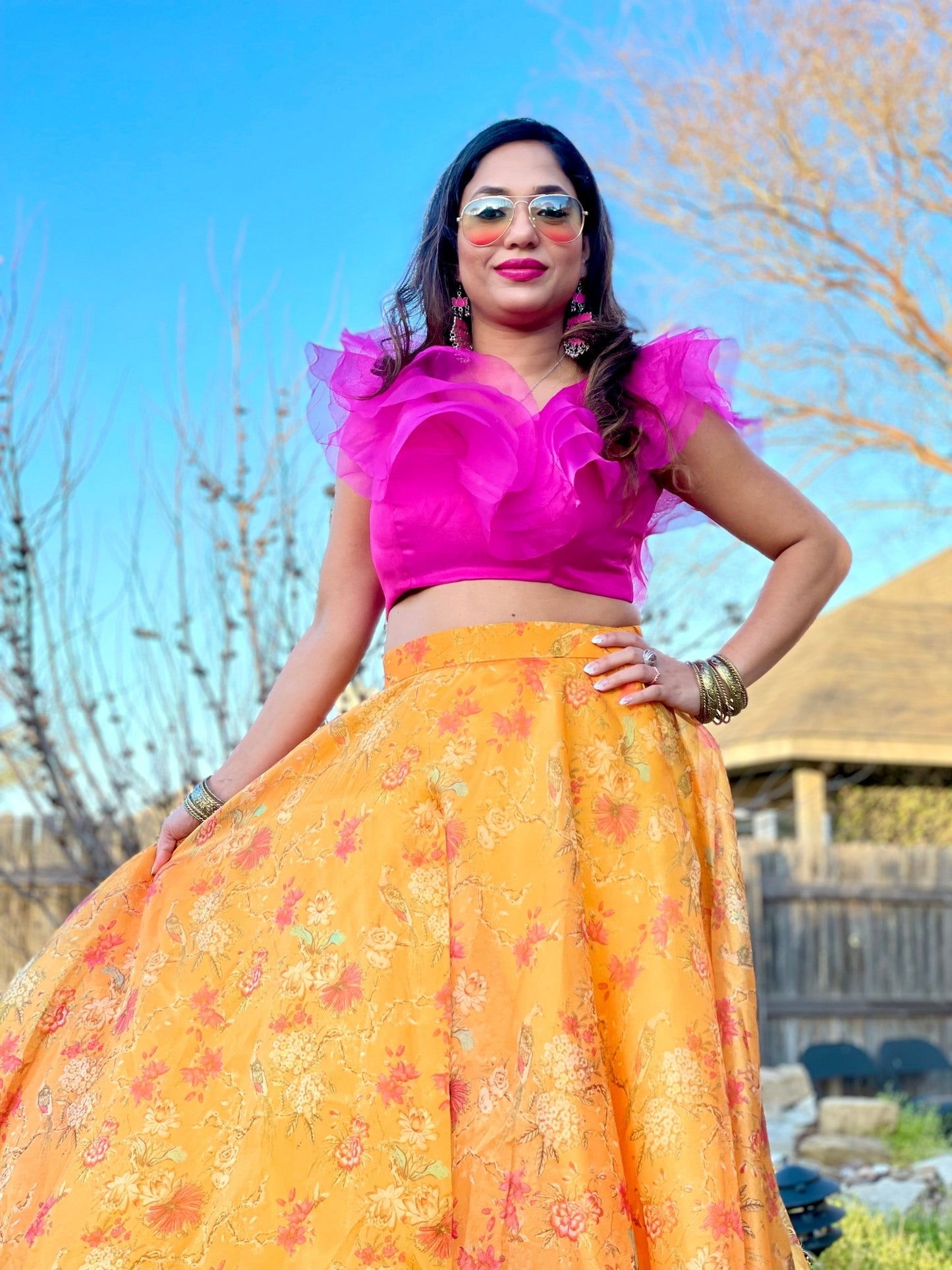 Hot pink organza ruffles top - Million Raagas