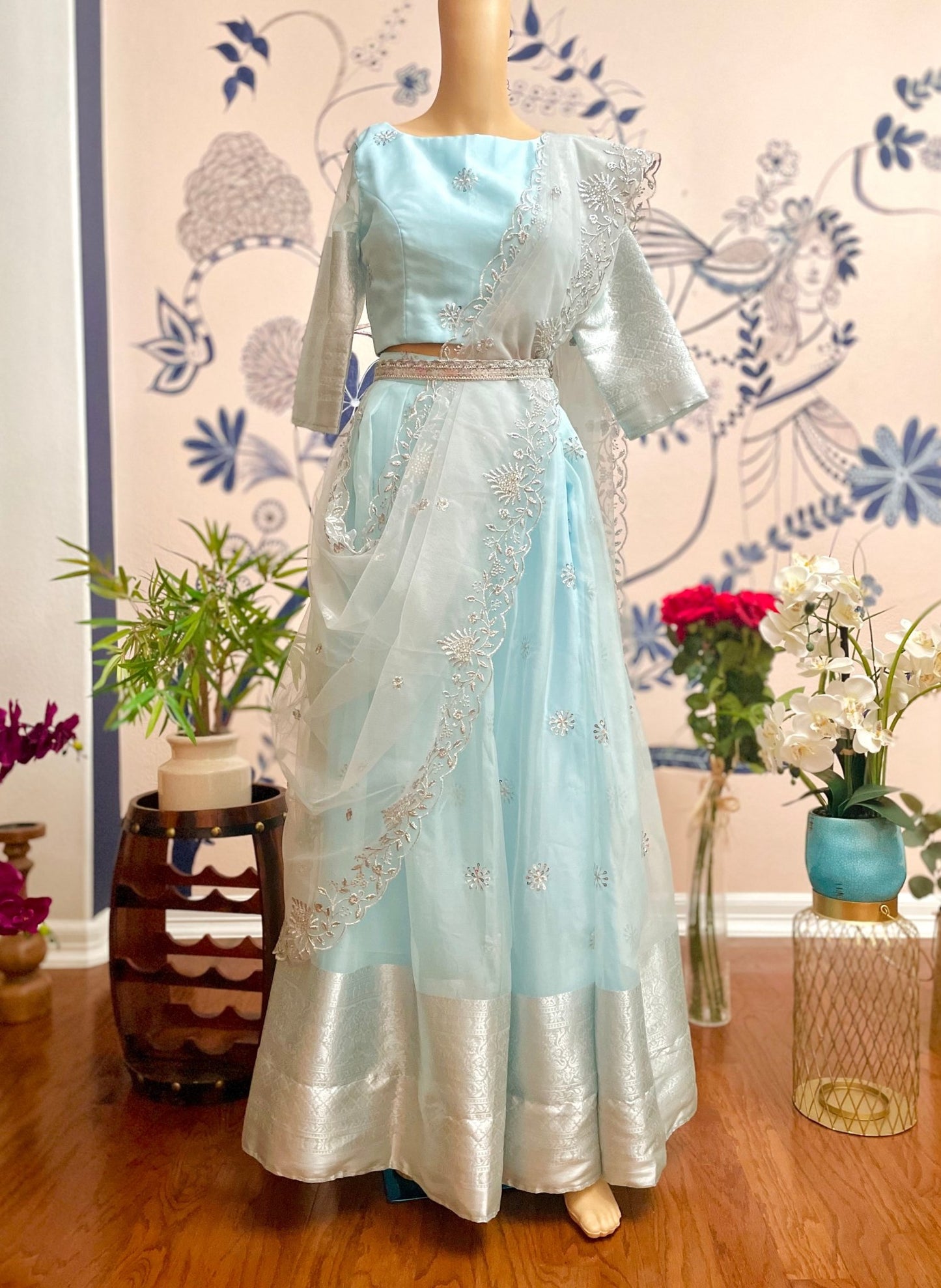 Organza serenade lehenga set - Pastel blue - Million Raagas