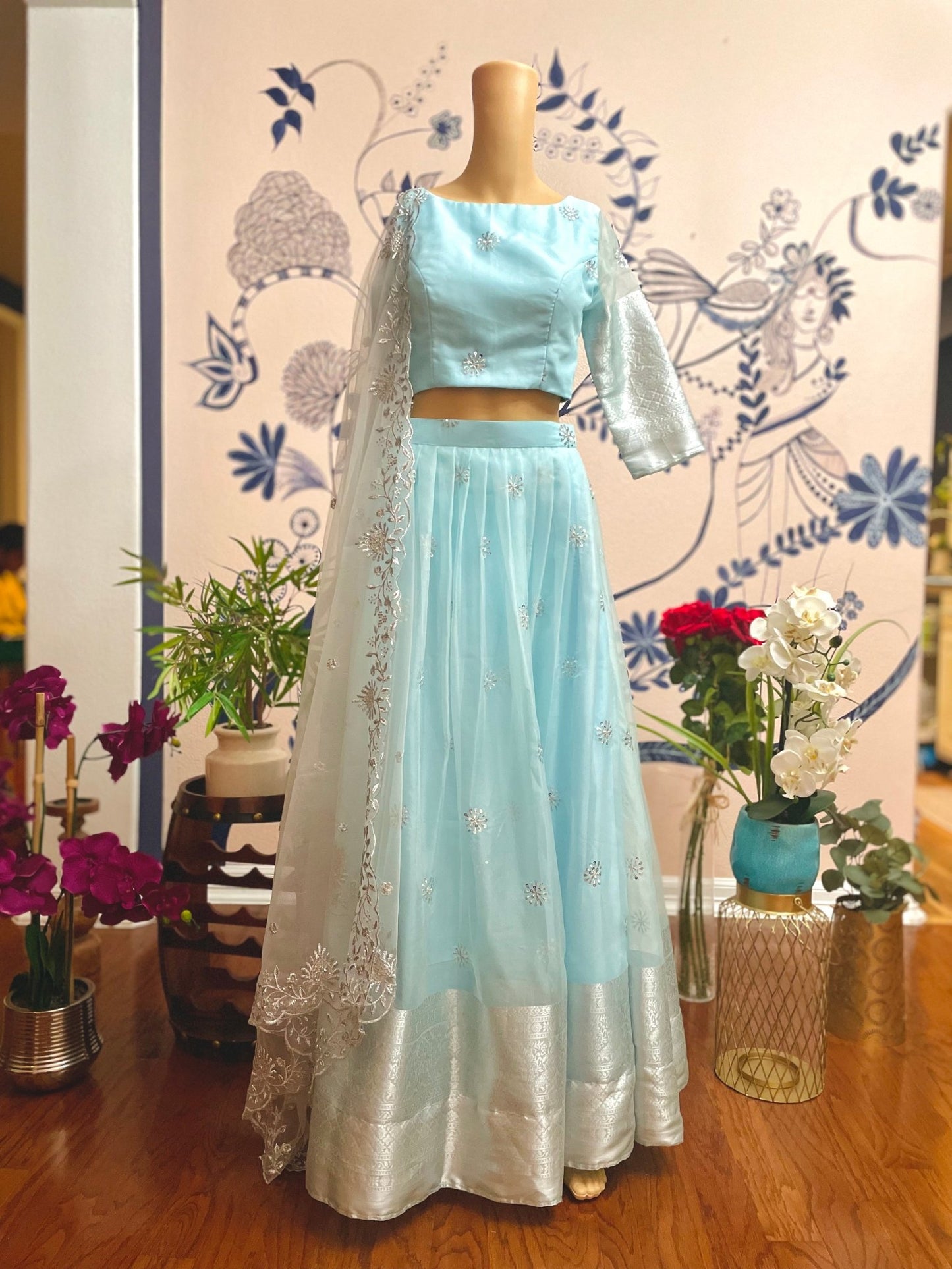 Organza serenade lehenga set - Pastel blue - Million Raagas