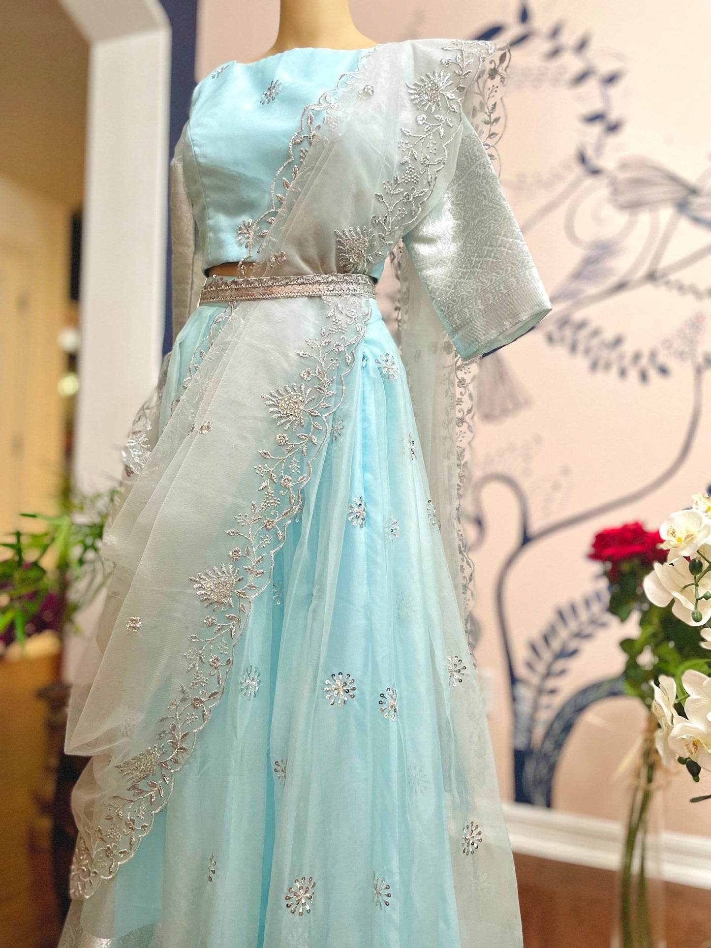 Organza serenade lehenga set - Pastel blue - Million Raagas