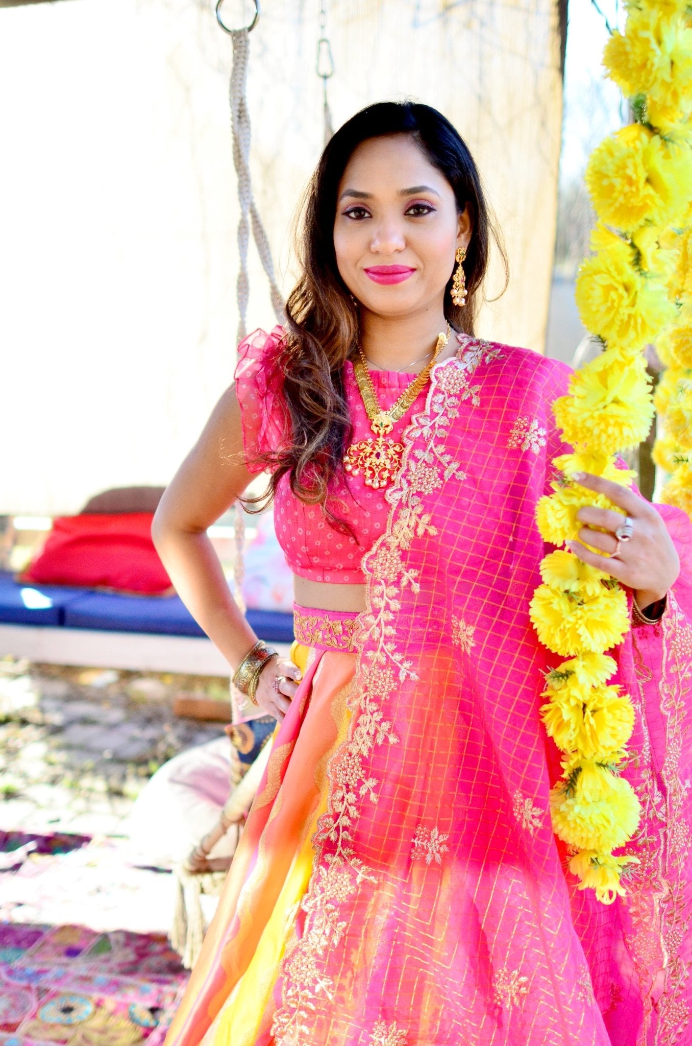 Pink Organza bandhani ruffle cap sleeve top - Million Raagas