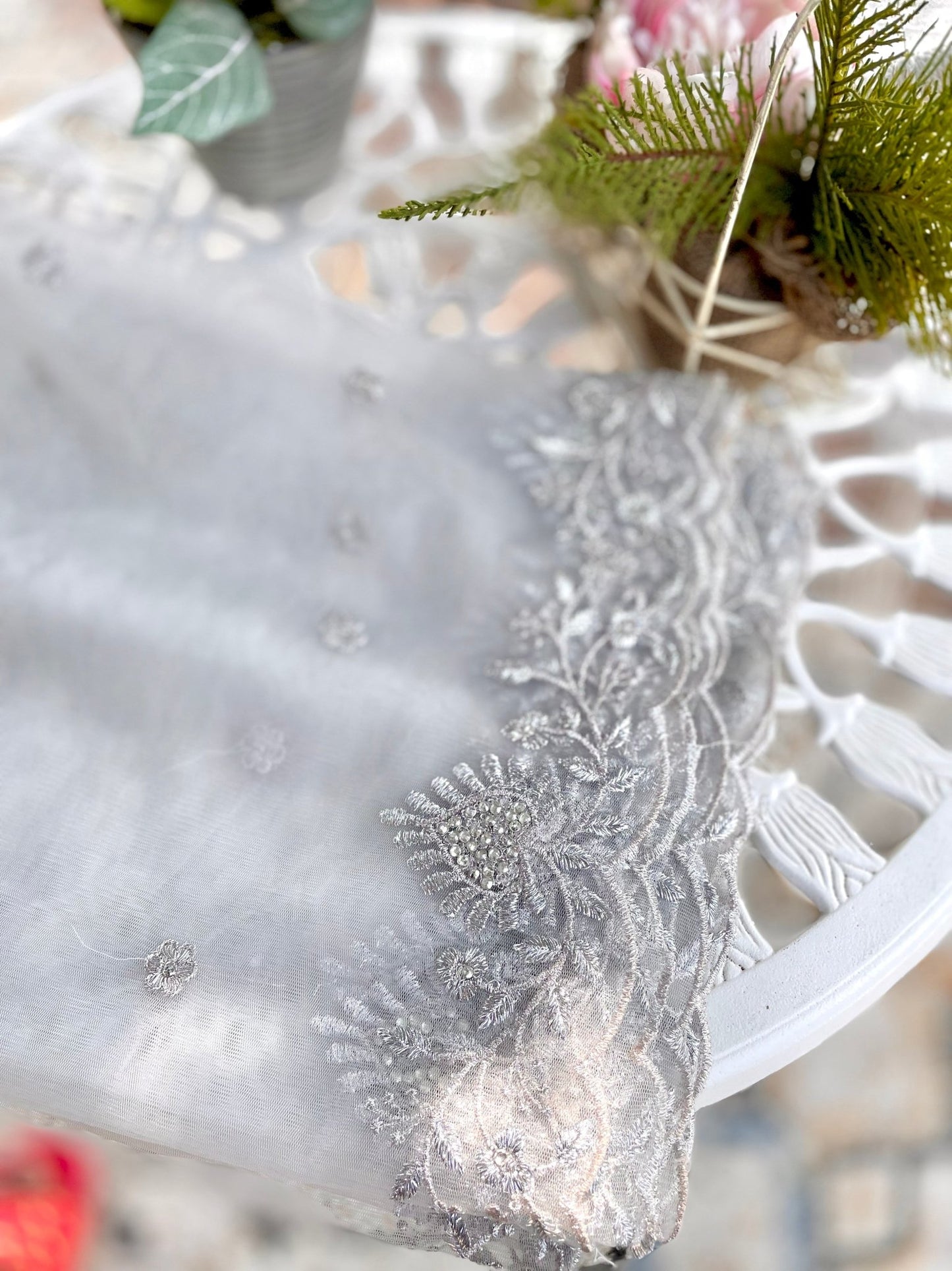 Silver net cutwork work dupatta - Million Raagas