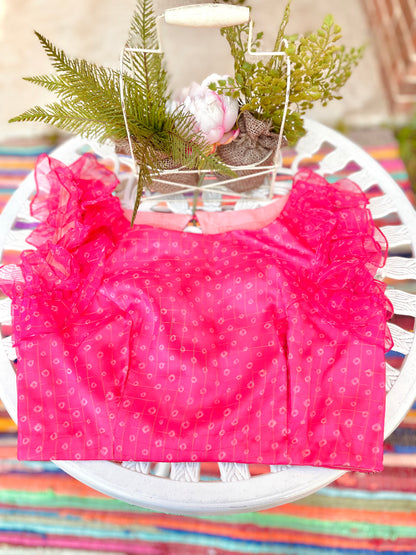 Pink Organza bandhani ruffle cap sleeve top