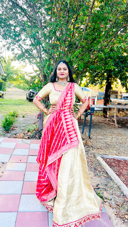 Pink Bhandej Dupatta with Hand Mirror Work Detailing