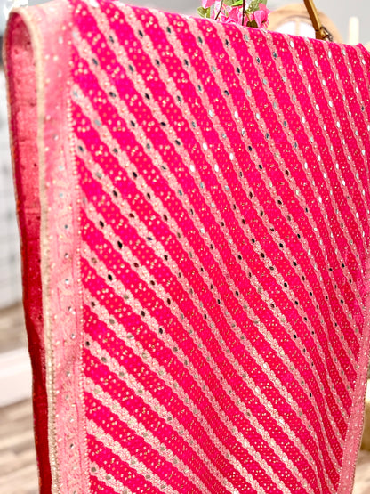 Pink Bhandej Dupatta with Hand Mirror Work Detailing