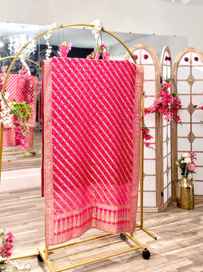 Pink Bhandej Dupatta with Hand Mirror Work Detailing