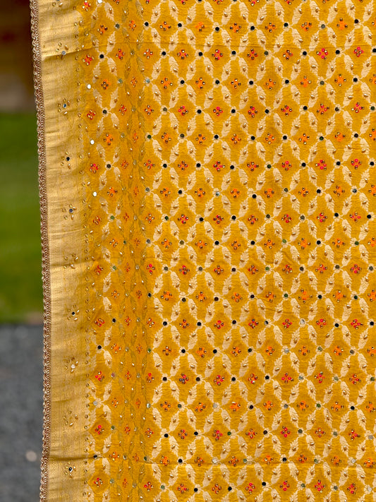 Yellow Bhandej Dupatta with Hand Mirror Work Detailing