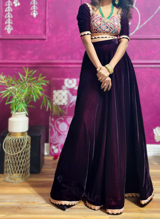 Burgundy Dream Velvet Lehenga & Blouse - Million Raagas