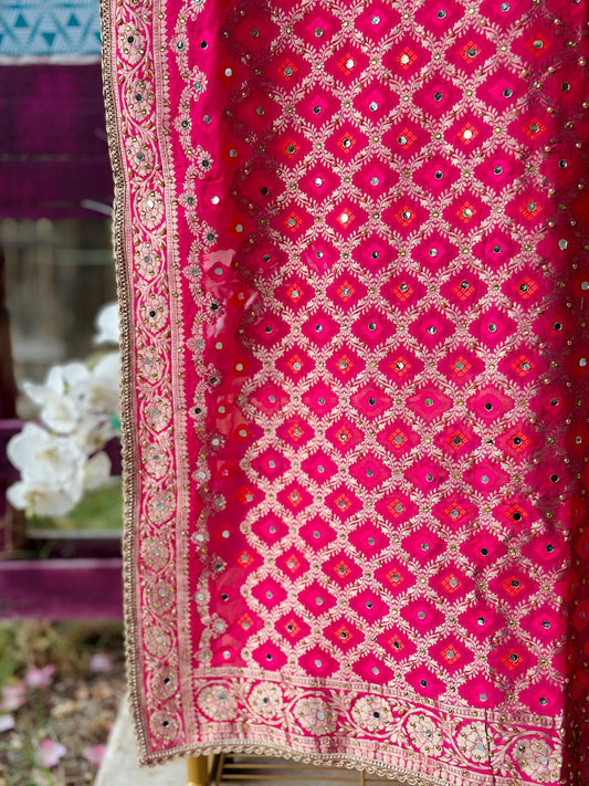 Festive Fuchsia Bhandej Dupatta with Hand Mirror Detailing - Million Raagas