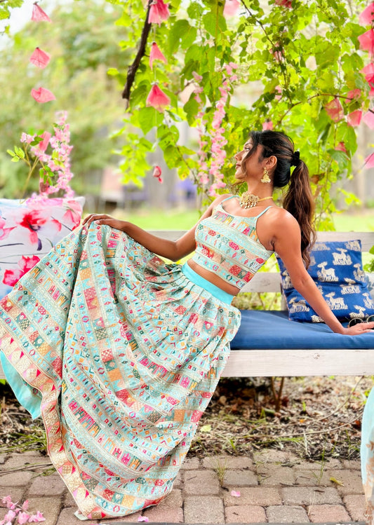Megha - Pastel blue embroidered lehenga set - Million Raagas