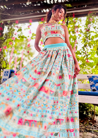 Megha - Pastel blue embroidered lehenga set - Million Raagas