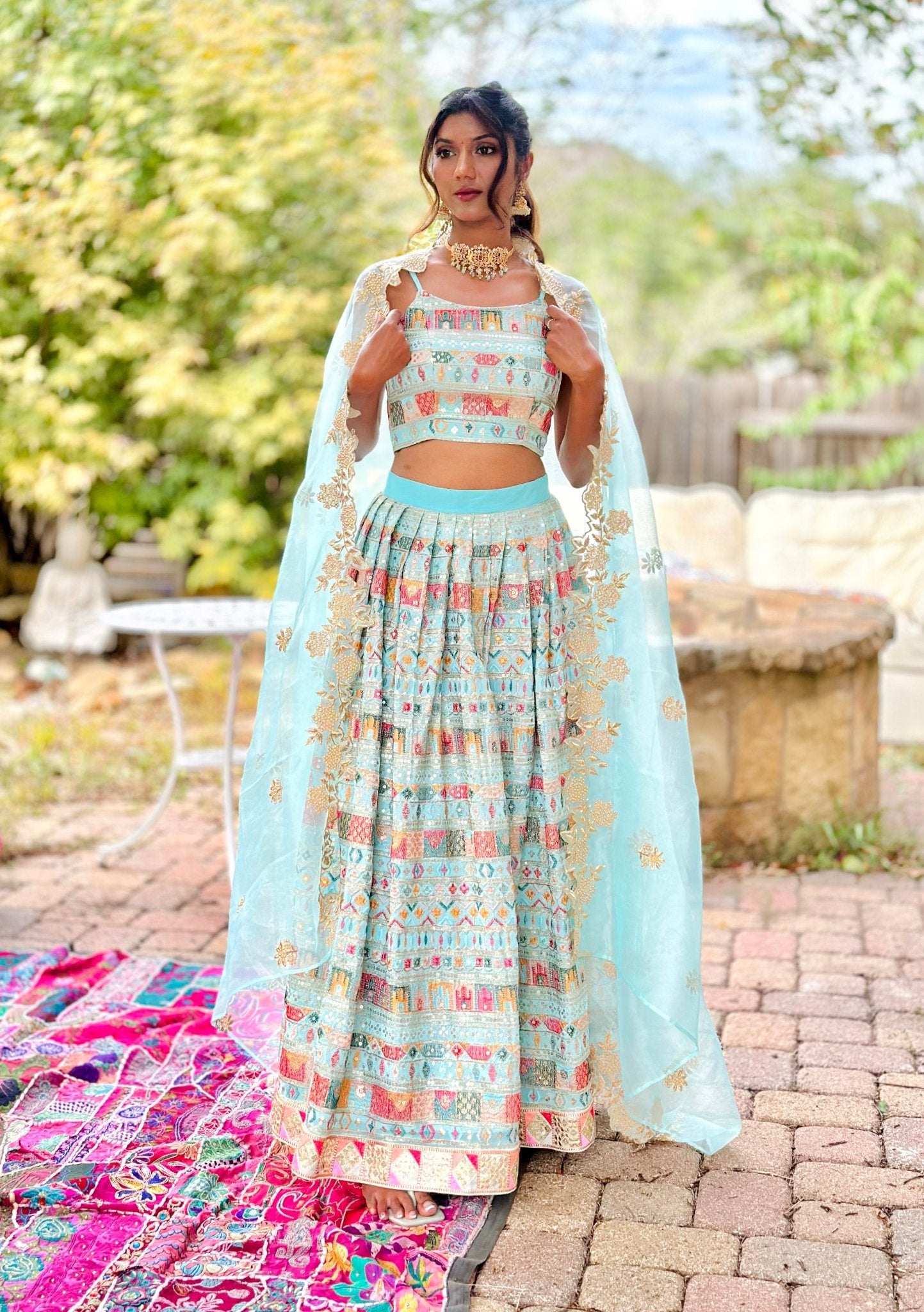 Megha - Pastel blue embroidered lehenga set - Million Raagas