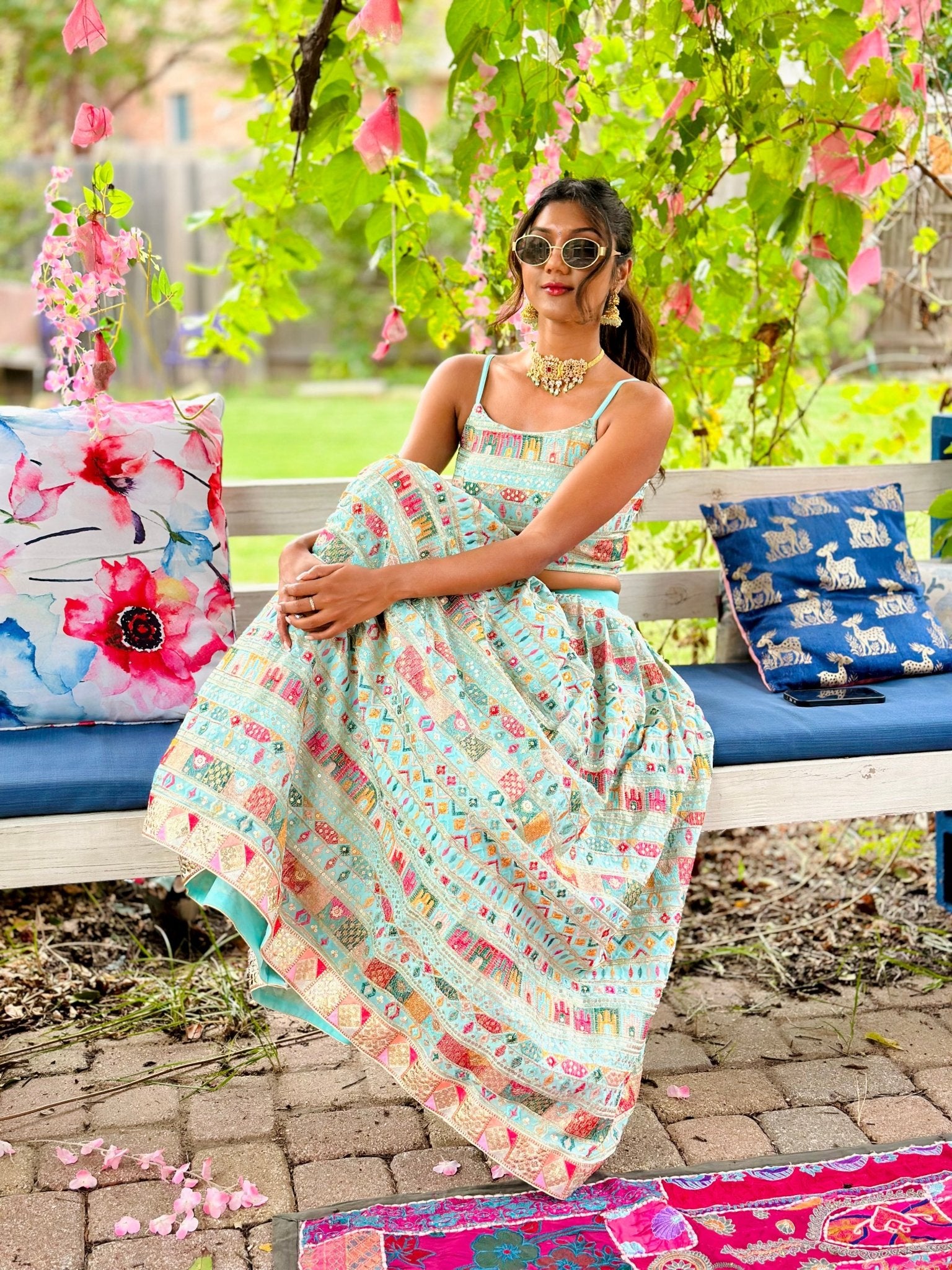 Megha - Pastel blue embroidered lehenga set - Million Raagas
