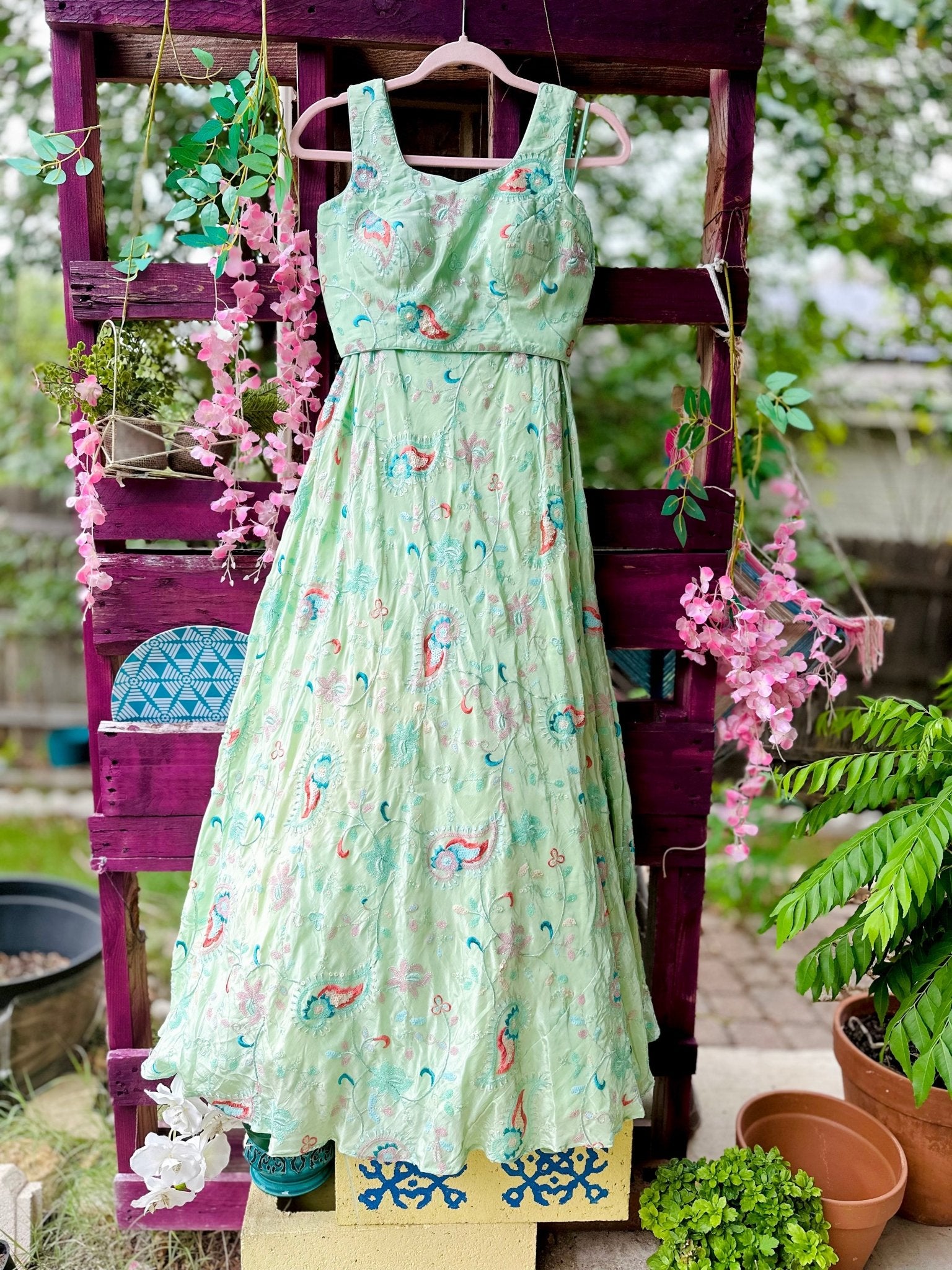 Mint crepe lehenga set - Million Raagas