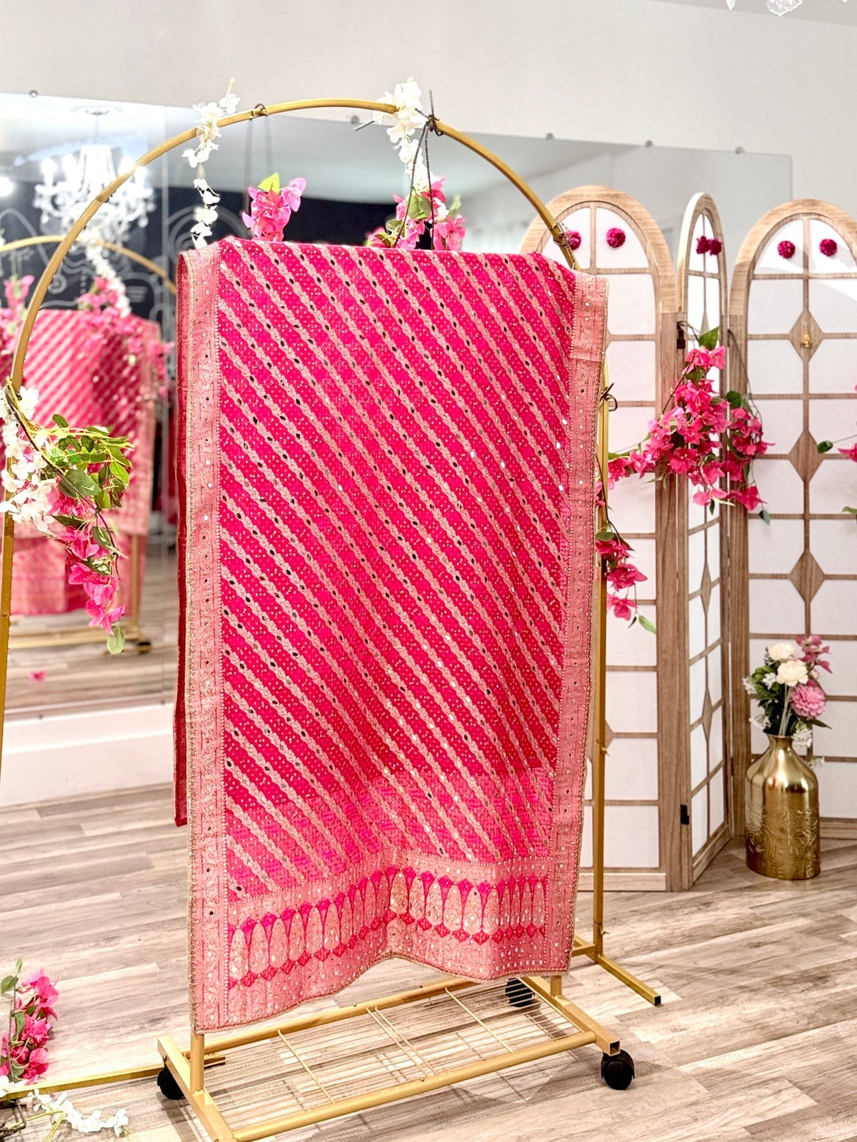 Pink Bhandej Dupatta with Hand Mirror Work Detailing - Million Raagas