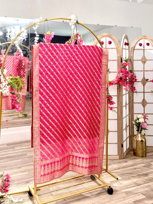 Pink Bhandej Dupatta with Hand Mirror Work Detailing - Million Raagas
