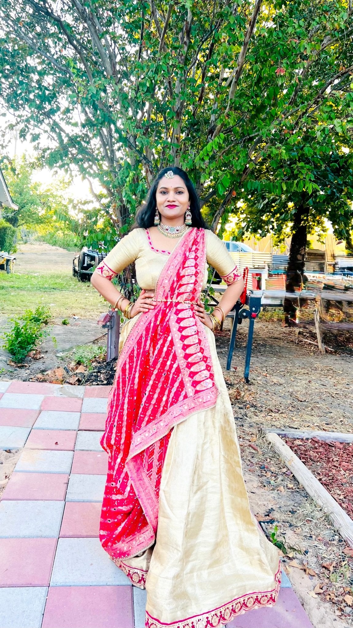 Pink Bhandej Dupatta with Hand Mirror Work Detailing - Million Raagas