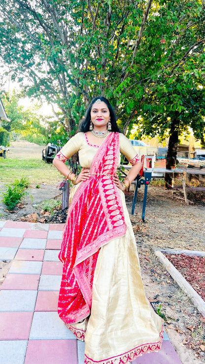 Pink Bhandej Dupatta with Hand Mirror Work Detailing - Million Raagas