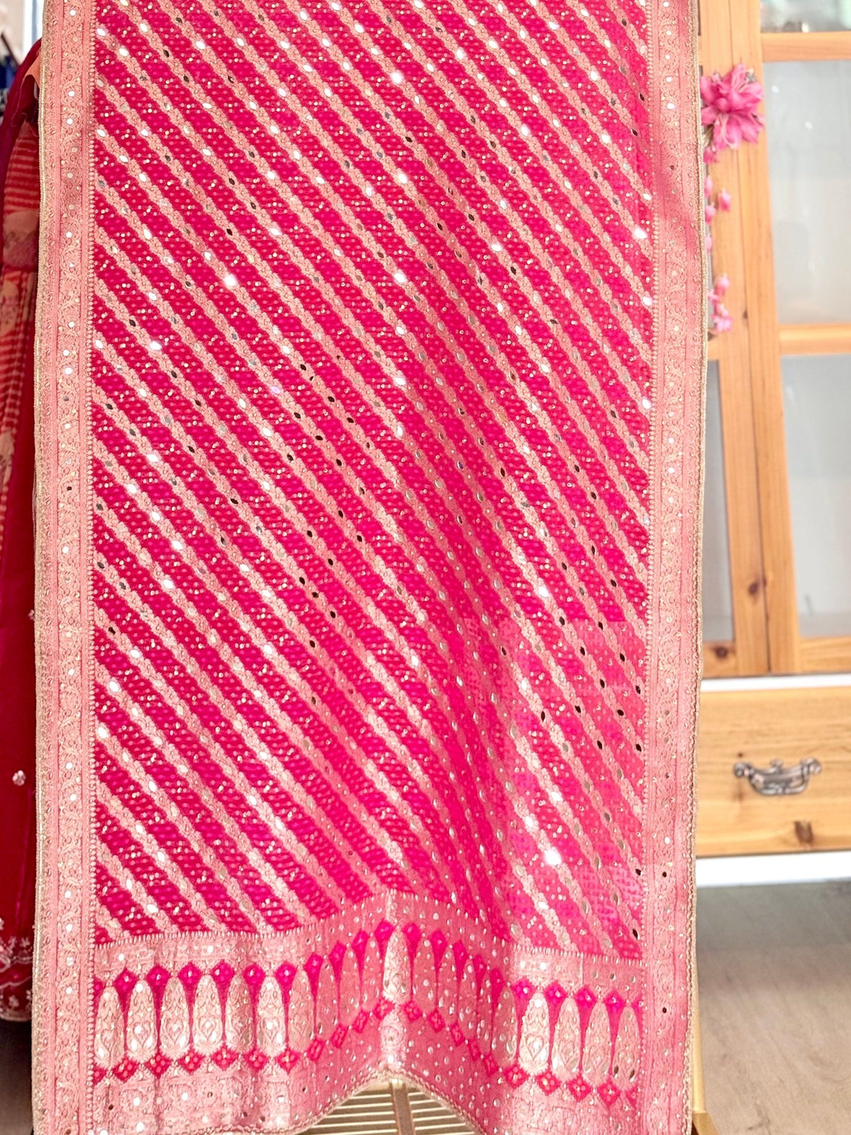 Pink Bhandej Dupatta with Hand Mirror Work Detailing - Million Raagas