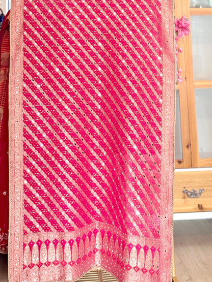Pink Bhandej Dupatta with Hand Mirror Work Detailing - Million Raagas