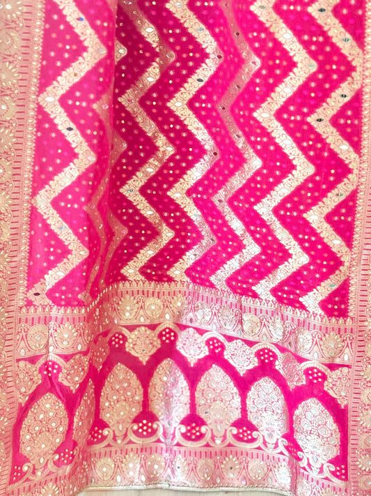 Pink Waves Bhandej Dupatta with Hand Mirror Work Detailing - Million Raagas