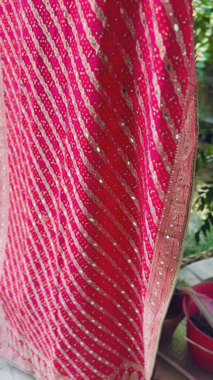Pink Bhandej Dupatta with Hand Mirror Work Detailing