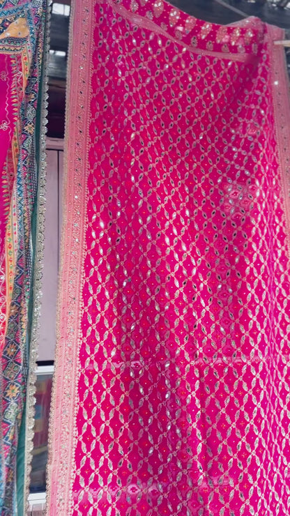 Festive Pink Bhandej Dupatta with Hand Mirror Work Detailing