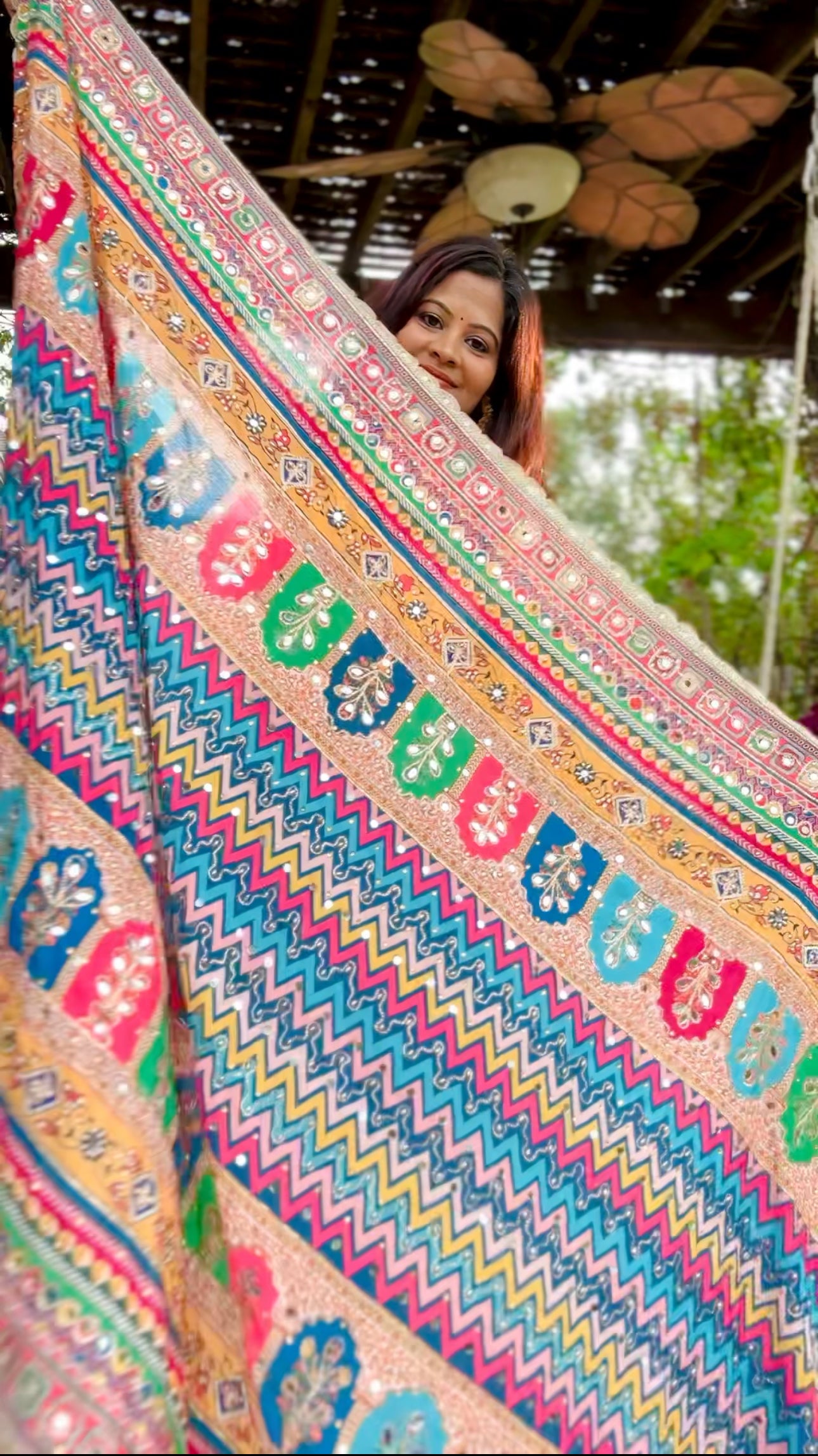 Blue mirror handwork dupatta with gold thread handwork and mirrors