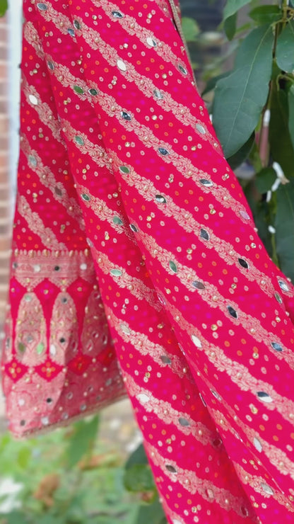 Pink Waves Bhandej Dupatta with Hand Mirror Work Detailing