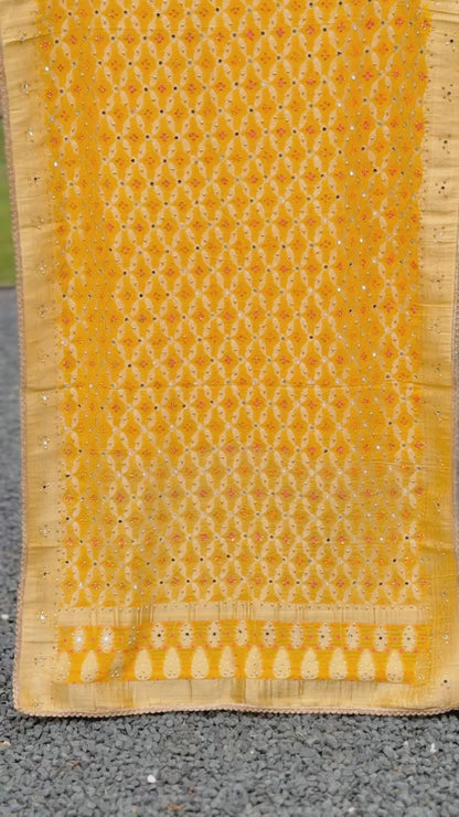 Yellow Bhandej Dupatta with Hand Mirror Work Detailing