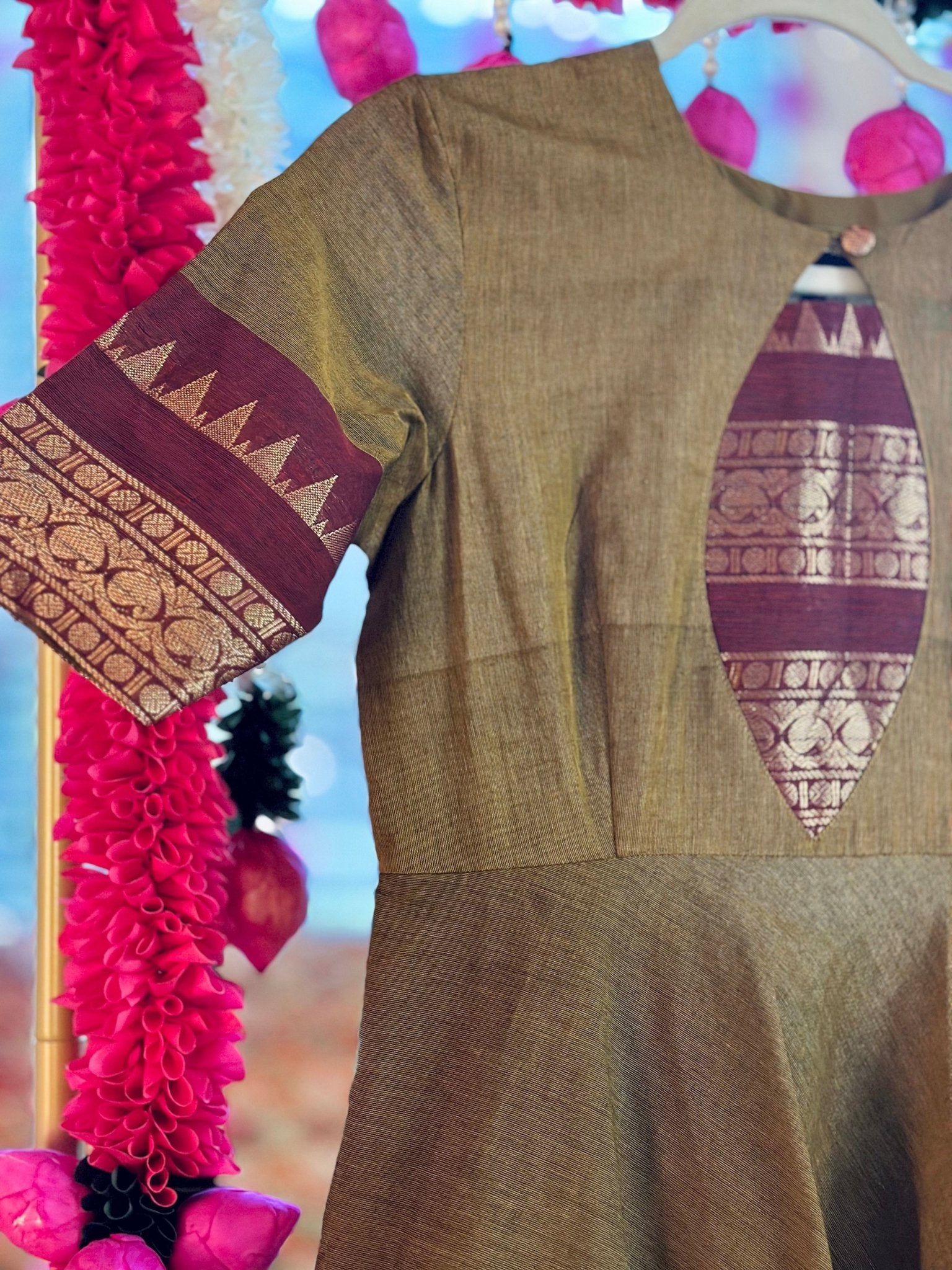 Saveri - Olive green dress with Maroon border Saveri - Olive green dress with Maroon border
