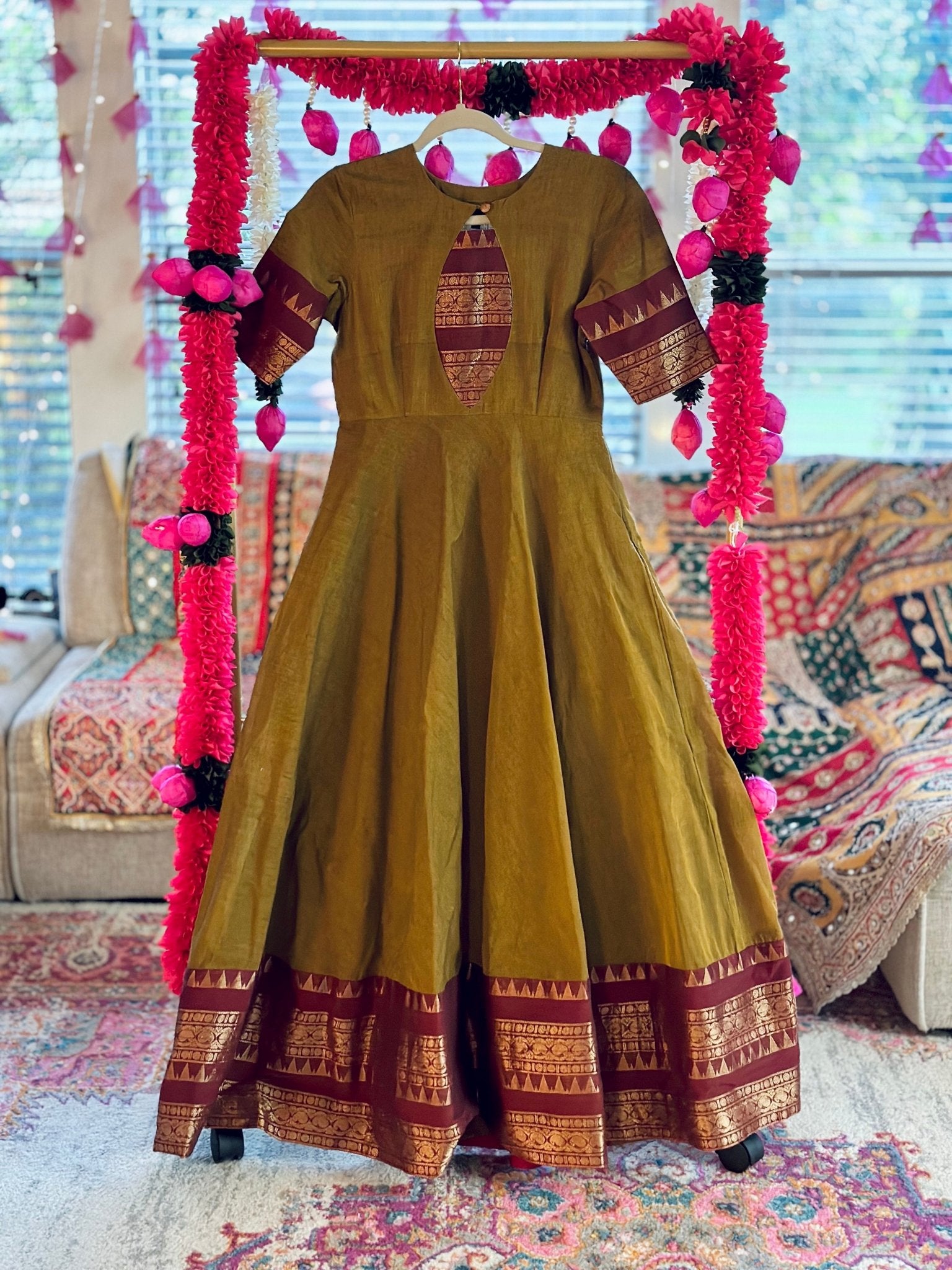 Saveri - Olive green dress with Maroon border Saveri - Olive green dress with Maroon border