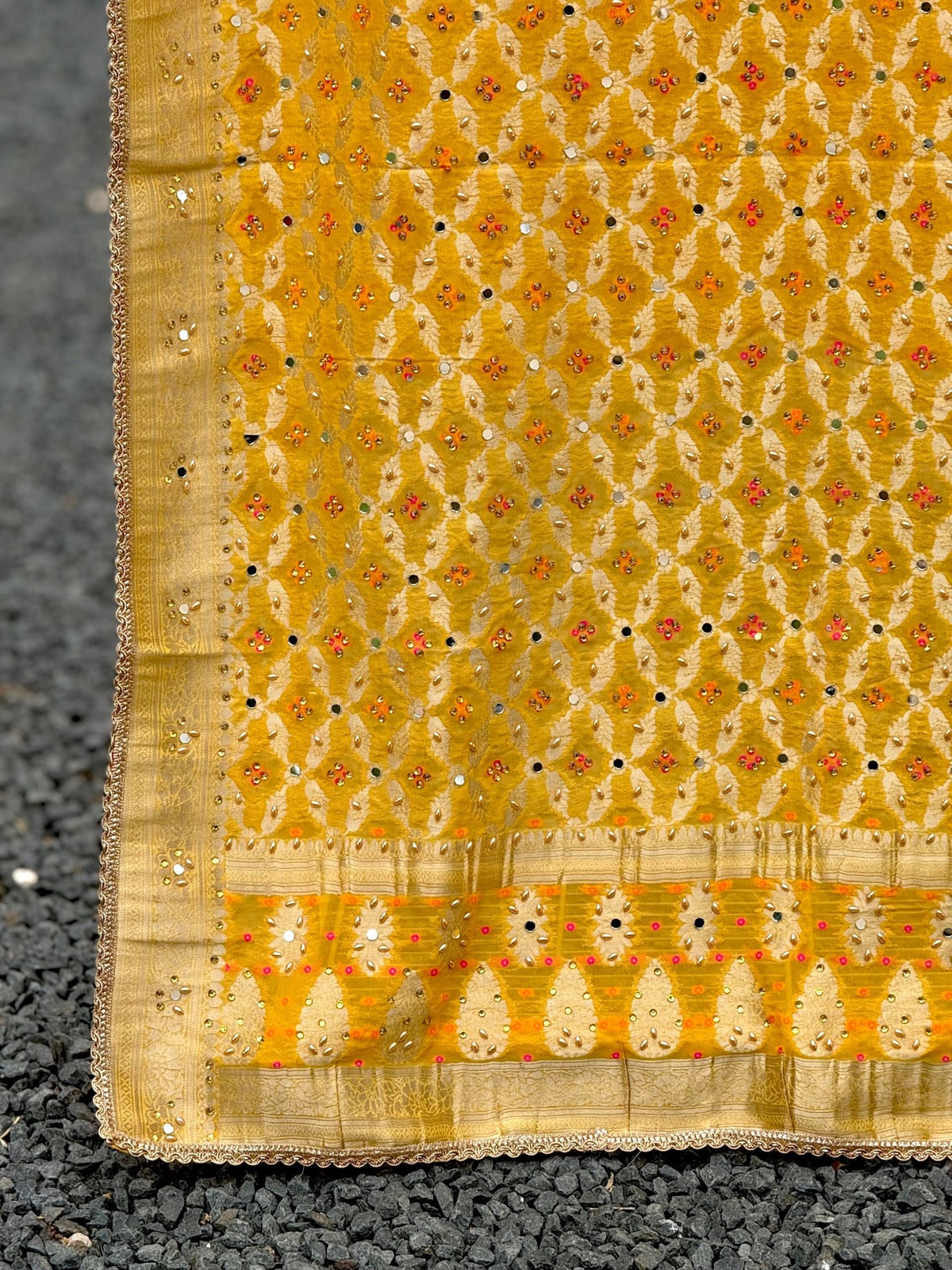 Yellow Bhandej Dupatta with Hand Mirror Work Detailing - Million Raagas