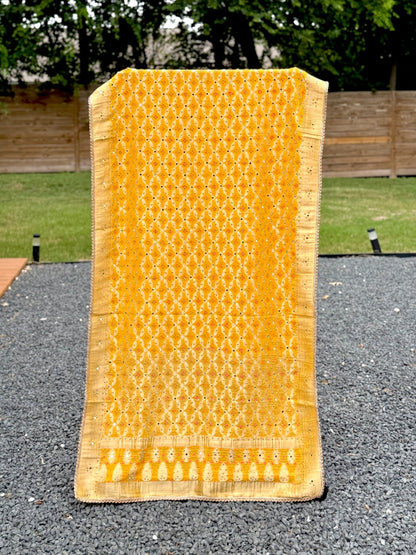 Yellow Bhandej Dupatta with Hand Mirror Work Detailing - Million Raagas