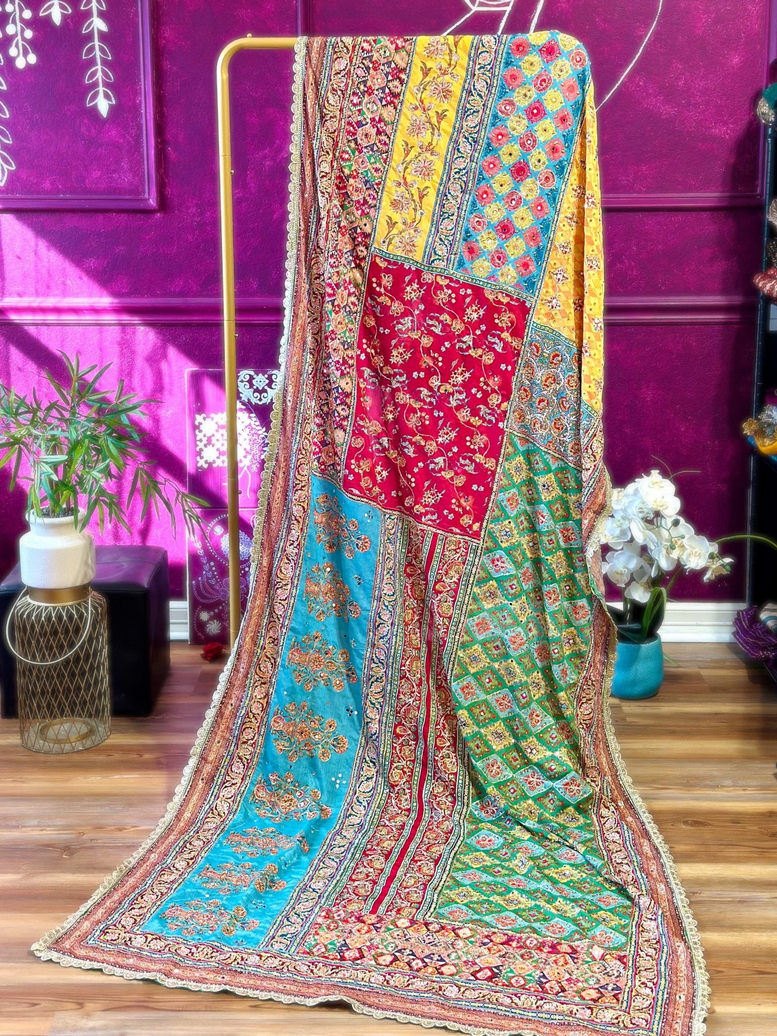 Yellow & Blue Mirror handwork work dupatta - Million Raagas