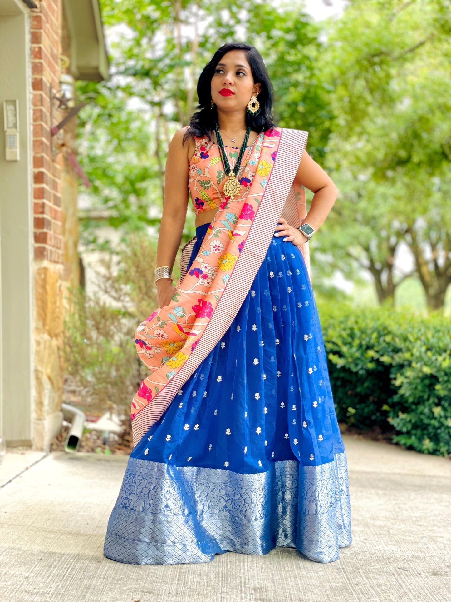 Indigo and peach lehenga set - Million Raagas